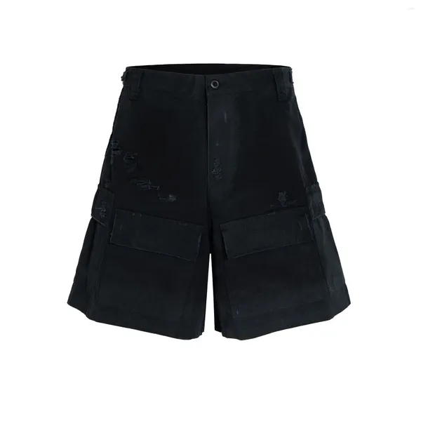 Herren-Shorts, Vintage-Stil, zerrissen, beschädigt, schwarze Cargohose für Herren, High Street, weites Bein, Baggy-Overall, Distressed-Sommer-Knielängenhose