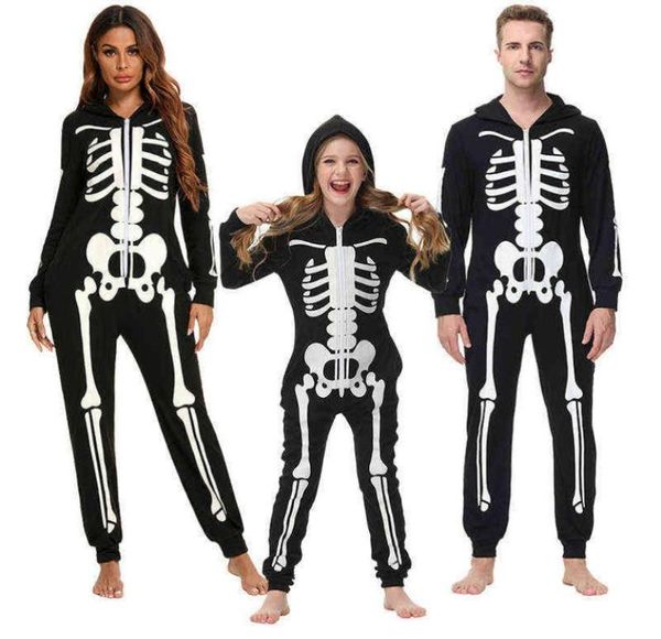 Esqueleto assustador família halloween traje adultos crianças horror crânio macacão com capuz fantasia mulheres homens família pijama carnaval festa aa229388101