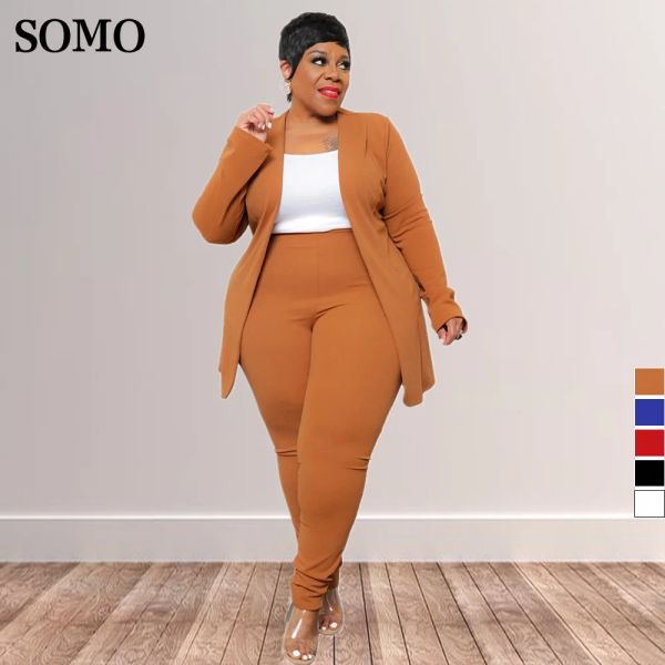 Sets Somo Casual Solid Color Office Lady Anzüge Plus Size Clothing Revers Strickjacken Long Hosen Zwei -Stück -Sets Großhandel Dropshipping