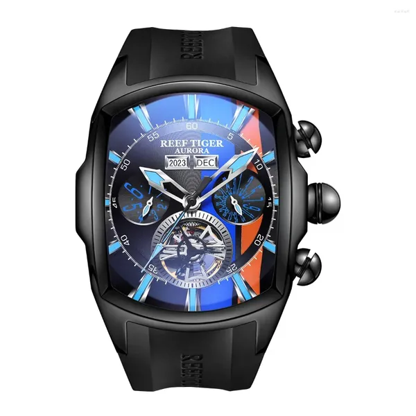 Orologi da polso Reef Tiger Orologio automatico da uomo Orologio da polso meccanico sportivo Cassa tonneau Cinturino in caucciù Quadrante luminoso Muiti Mese Settimana Data