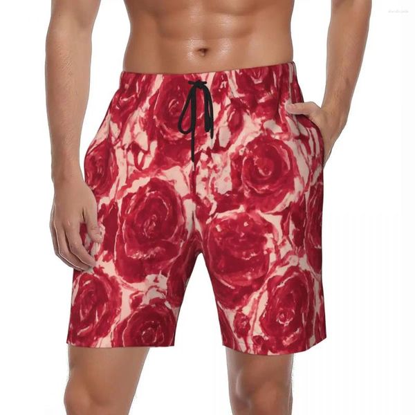 Мужские шорты с цветочным принтом красной розы, летние цветы с принтом, повседневные пляжные шорты, мужская спортивная одежда с дышащим узором, плавки