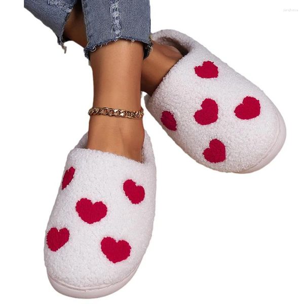 Scarpe da passeggio Pantofole in peluche a forma di cuore con punta chiusa Antiscivolo Slip-on House Simpatico cartone animato peloso morbido per la casa