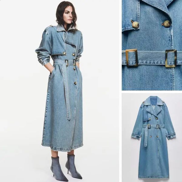 Denim trench coats para mulheres cinto na cintura magro jean senhoras jaqueta feminina jaqueta azul mulher 240309