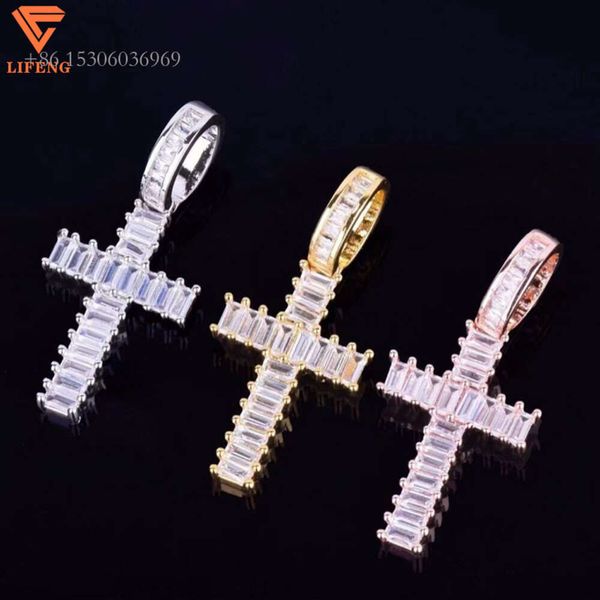 Venda quente iced out vvs moissanite baguette diamantes estilo hip hop moda jóias s pingentes para colar charme cruz pingente