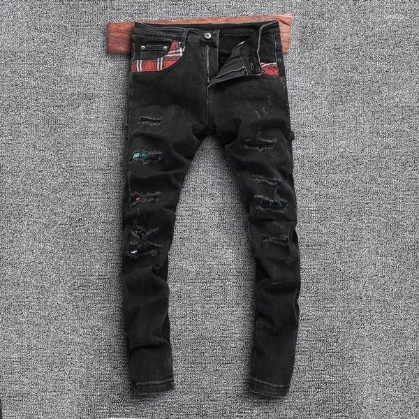 Erkekler kot caddesi moda erkekler retro siyah gri streç ince fit delik yamaç yamalı tasarımcı hip hop denim pantolon hombre