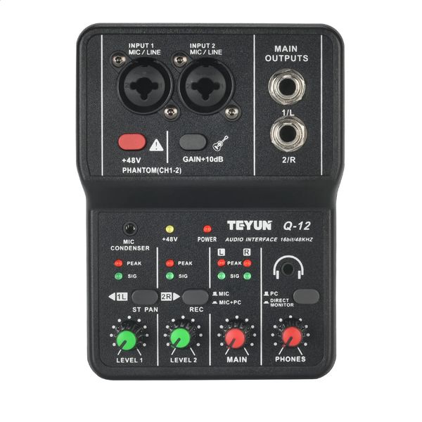 Interface de áudio portátil profissional mini placa de som externa mixer 48v computador guitarra estúdio pc registro teyun Q-12 equipamento 240314