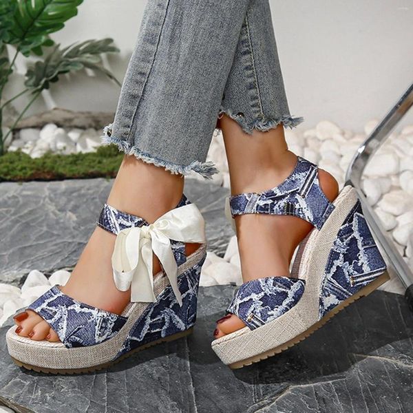 Sandalen Damen Casual Wedge Open Toe High Heels Mode Bedruckt Große Größe Sommer 2024