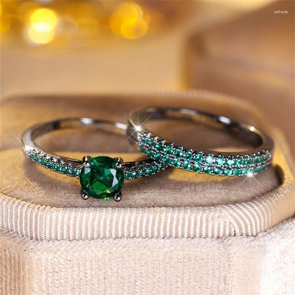 Anéis de casamento Royal Blue Rose Vermelho Roxo Verde Pedra Rodada Promessa Anel de Noivado Conjunto Preto Cor Dourada Casal Conjuntos de Noiva Dia das Mães