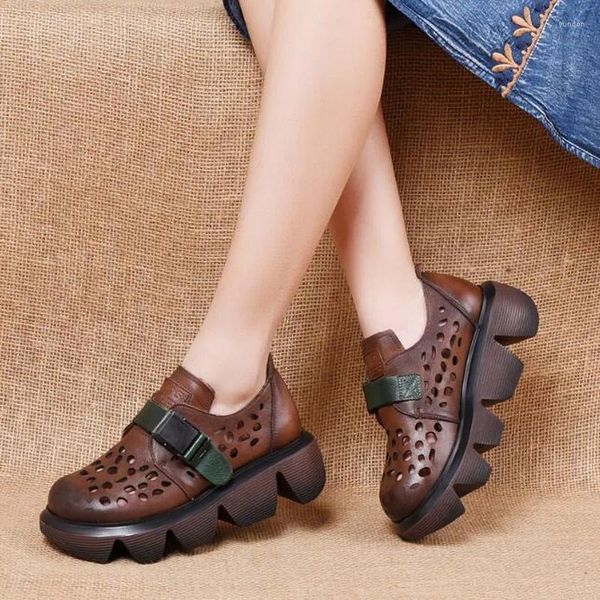 Casual Schuhe 2024 Retro Wohnungen Plattform Sommer Atmungsaktive Ausschnitt Damen Weichen Boden Aus Echtem Leder Keile Frau