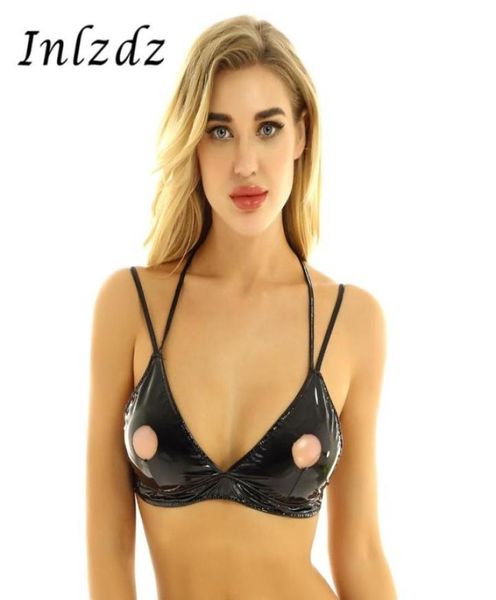 Reggiseno lingerie erotica da donna Top Fashion Wetlook PU Triangolo in pelle Coppe capezzoli Scava fuori cinghie Bralette Reggiseni sexy2128352