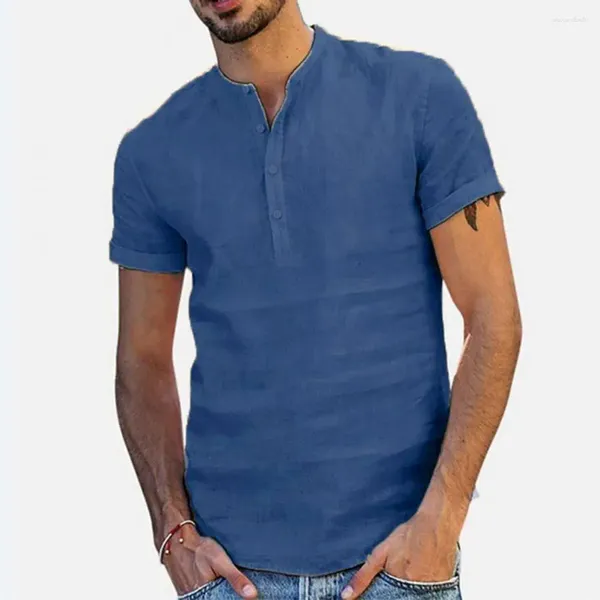 Camisetas masculinas de cor sólida com gola elegante e botões para uso casual de negócios curto