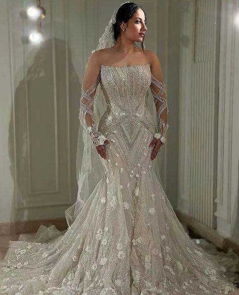 Luxus Voller Kristall Quaste Meerjungfrau Hochzeit Kleid Wunderschöne Gefrieste Blumen Formale Brautkleid Zeremonie Vestidos De Novia