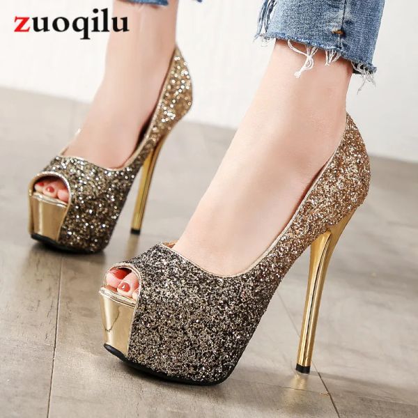 Pumps High Heels Plattform Heels Schuhe Frau Peep Zehen Pumps Frauen Schuhe Gold Silber Hochzeitsschuhe Braut Heels Ladies Schuhe Talon Femme