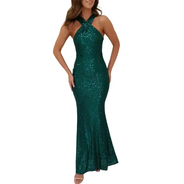 Casual Kleider Paillettenrom Kleid elegantes Halfterhals -Abendkleid für Frauen Rückenfreier schlanker fit Hülle Knöchel Länge Party