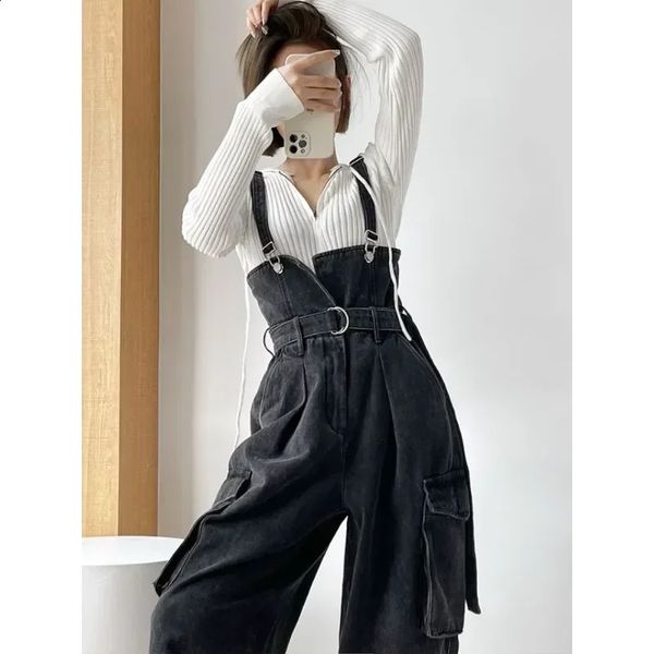 Denim macacões mulheres cintura alta calças de carga americano streetwear adolescentes hipsters pessoais puros grandes bolsos lavados roupas 240306
