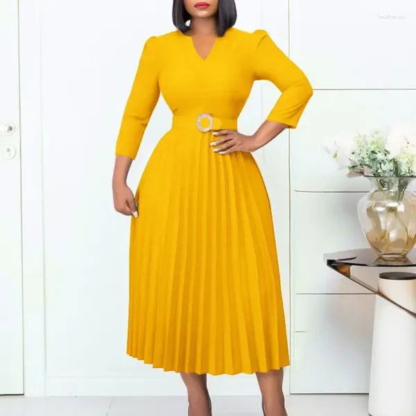 Ethnische Kleidung 2024 Afrikanische Kleider für Frauen Sommer Elegante Büro Damen V-Ausschnitt 3/4 Ärmel Plissee Kleid Abend Party Robe mit Gürtel