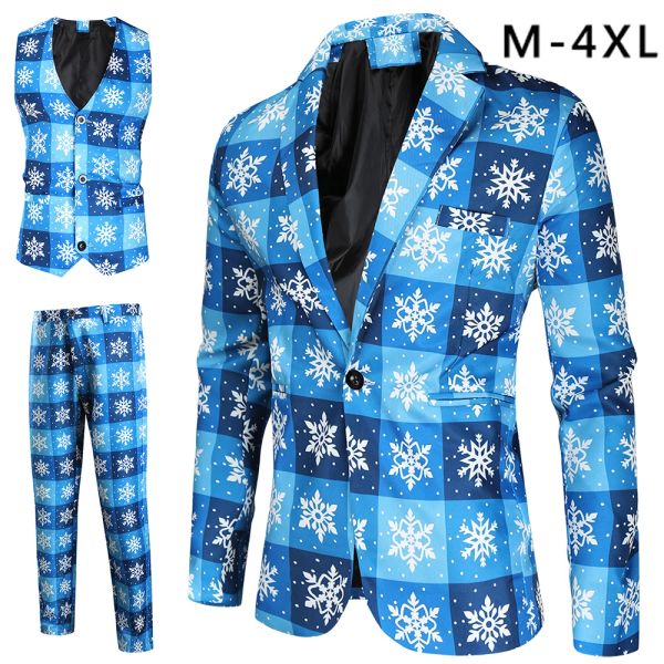 Ternos 2023 novos homens terno 3 peça festa de natal baile floco de neve xadrez impresso ternos casuais dos homens define jaqueta colete calças plus size 4xl