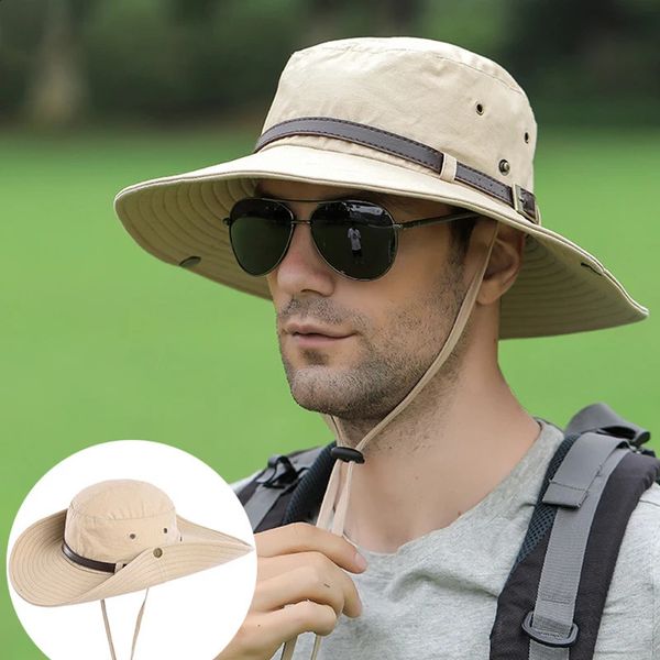 Summer Men Bucket Hat Belt Decore Breathable 9cm Large Brim Sun Sun Outdoor Sport Highking Cap Antiuv Male Panamá Caps 240311