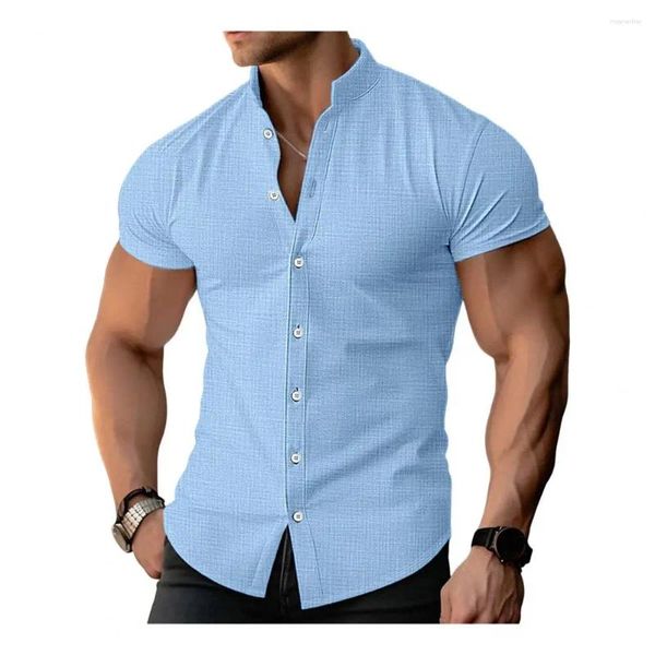 Мужские повседневные рубашки, мужские рубашки с короткими рукавами на пуговицах, стильный кардиган с воротником-стойкой, летняя деловая одежда, облегающий крой