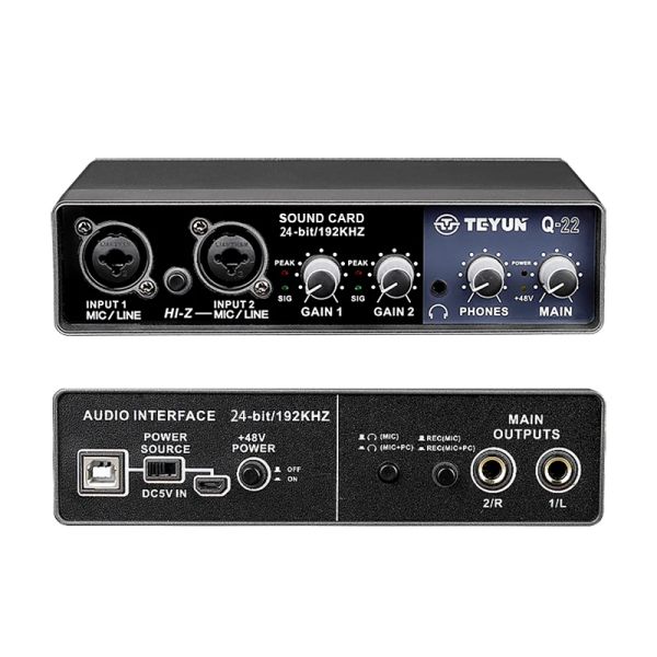 Guitarra nova teyun q22 placa de som interface de áudio com monitoramento, guitarra elétrica gravação ao vivo placa de som profissional para estúdio cantar