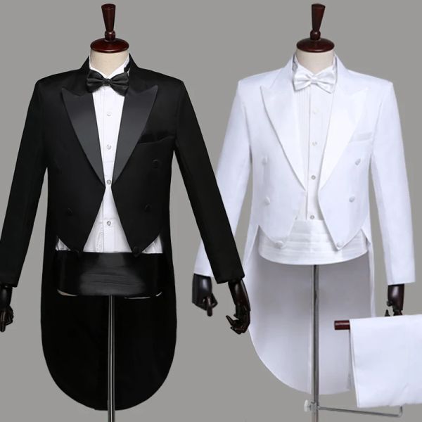 Anzüge Neuer Herren-Frackanzug, klassisch, schwarz, weiß, glänzend, Revers, Frack, Smoking, Hochzeit, Bräutigam, Bühnensängerkostüme, vierteiliger Anzug