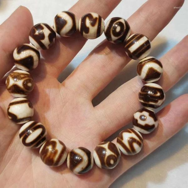 Bracciale Duobao con perline tibetane, dente di tigre a tre occhi, agata acquario e dente di tigre