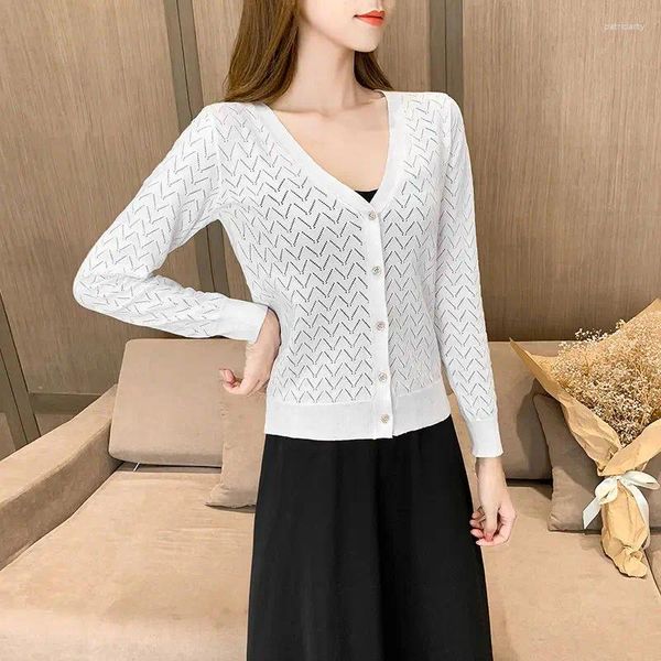 Maglieria da donna 2024 Cardigan lavorato a maglia con protezione solare Estate Scialli sottili Bottone con scollo a V Solido Corto Camicia con aria condizionata Cappotti L108