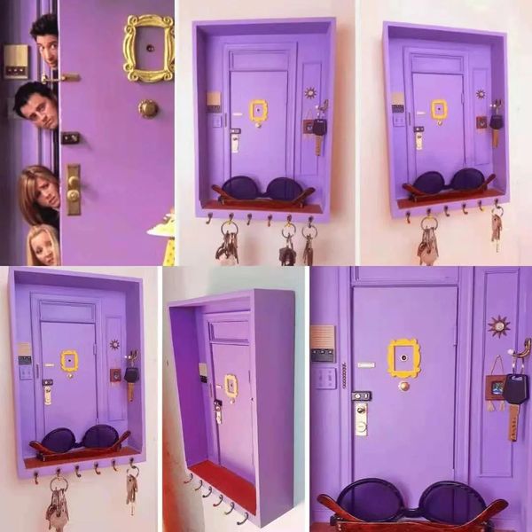Фиолетовая дверь, держатель для ключей с друзьями, деревянная коробка, подвесной ключ, деревянная вешалка, стеллаж для хранения, органайзер, полка, домашний декор, ремесла, подарок 240307