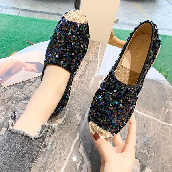 Flats Glitter Straw Dokunma Balıkçı Ayakkabı Kadın Yuvarlak Toe Slip On Shine Bling Flats Üzerinde Sıradan Tüm Maç Rahat Tembel Loafers Moccasins 2022