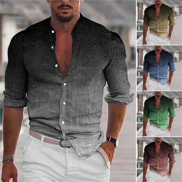 Camicie casual da uomo Camicia da uomo leggera Elegante colletto alla coreana con stampa 3D Colore sfumato Design slim fit a maniche lunghe Morbido per