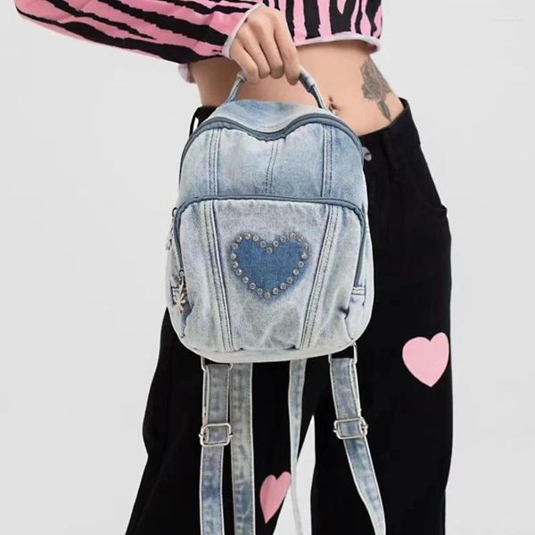 Okul çantaları vintage denim kadın sırt çantası küçük öğrenci kalp şeklinde tasarımcı kızlar için gündelik bayanlar seyahat çip çırpma