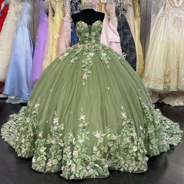 Verde estilo princesa renda 3d florais quinceanera vestido para meninas varredura trem fora do ombro vestido formal vestidos de 15