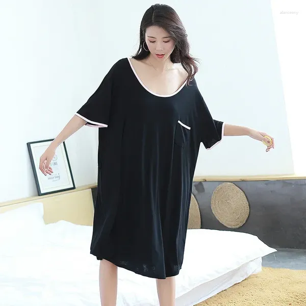 Damen-Nachtwäsche, modal, schwarz, für Mädchen, lockeres langes Nachthemd, Sommer, kurze Ärmel, rückenfrei, sexy Sleepshirt, Übergröße 2XL 3XL, weiblich