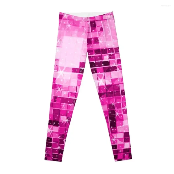 Pantaloni sportivi anni '70, leggings con motivo palla da discoteca rosa scintillante, sport da donna per donne fisiche