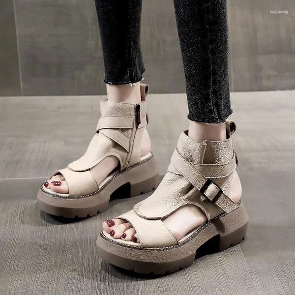 Sandálias sapatos de verão mulheres retro roma pu couro mulher cunhas plataforma peep toe salto alto preto casual 2024