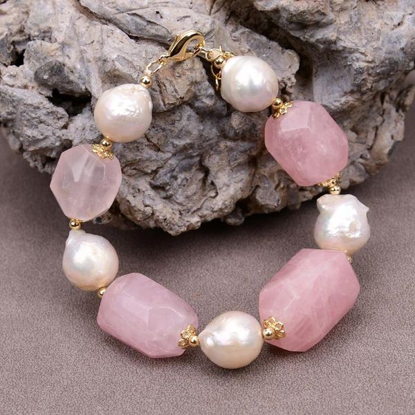 Strand G-G Doğal Kültürlü Beyaz Keshi İnci Yüzü Pembe Gül Kuvars Nugget Kristal Bilezik 8 '' Lady Jewelry Tasarım