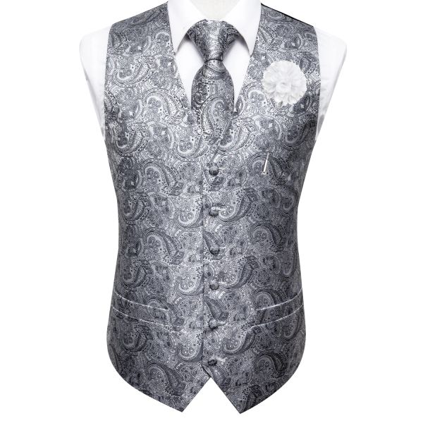 Coletes hitie cinza homens coletes de seda luxo pescoço gravata hanky abotoaduras broche conjunto clássico paisley colete para masculino festa de casamento designer