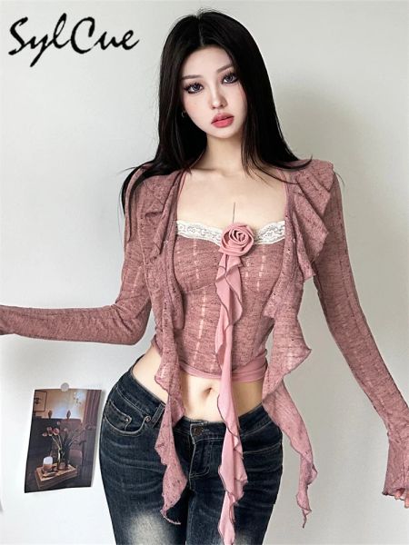 Tops sylcue lotus radice rosa dolce sexy sexy allmatch toung girl street walking cacable cool women ha sottile glet rosa a metà