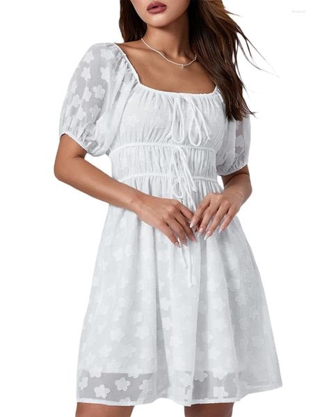 Lässige Kleider Kimydreama Damen-Sommerkleid mit Rüschen, kurzes Puffärmel-Spitze-Mesh-Quadrat-Ausschnitt, gebundene Vorderseite, Party, A-Linie