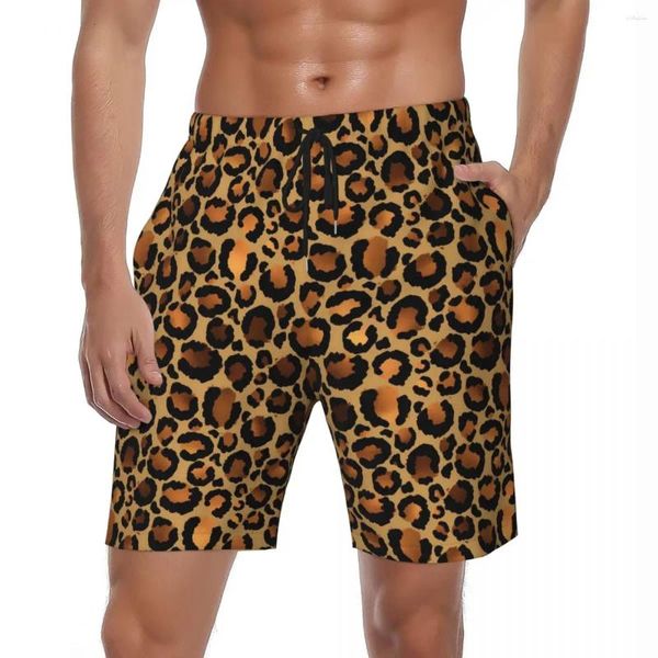 Shorts masculinos swimwear marrom leopardo pontos placa verão selvagem animal impressão havaí praia homens esportes fitness troncos secos rápidos