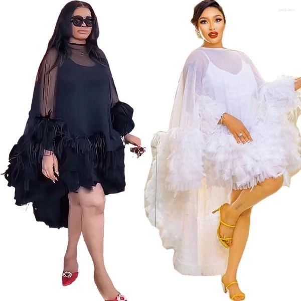 Roupas étnicas Sexy Branco Preto Malha Pena Vestido de Festa de Noite para Mulheres Vestidos Africanos Alto Baixo Vestido de Baile de Casamento com Saia Deslizante Conjuntos