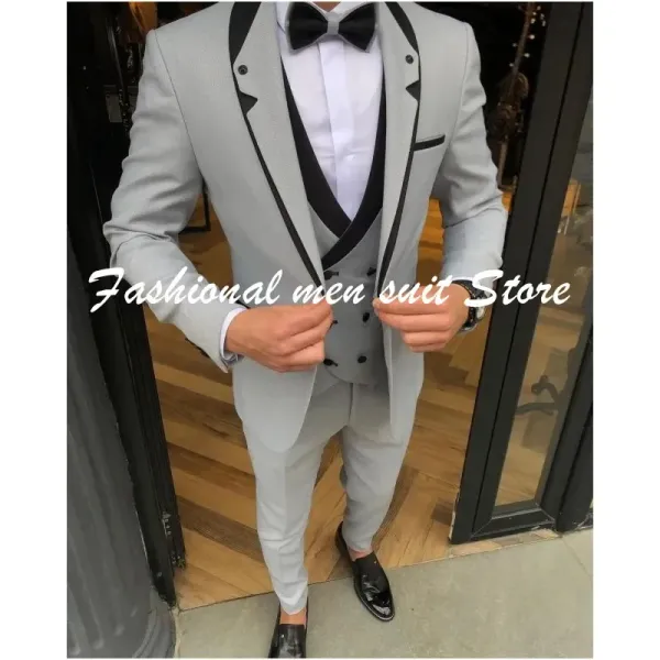 Ternos de moda de rua luz cinza masculino ternos único lapela smoking noivo casamento blazer baile de formatura fino ajuste terno 3 peças jaqueta + calça + colete