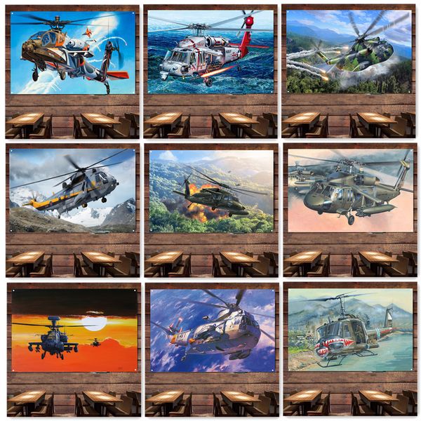 Poster da parete con elicottero da attacco, bandiera da appendere al muro, striscione artistico militare dell'aeronautica, opere d'arte da collezione, regalo dei fan dell'esercito, arazzo decorativo artistico dell'aviazione