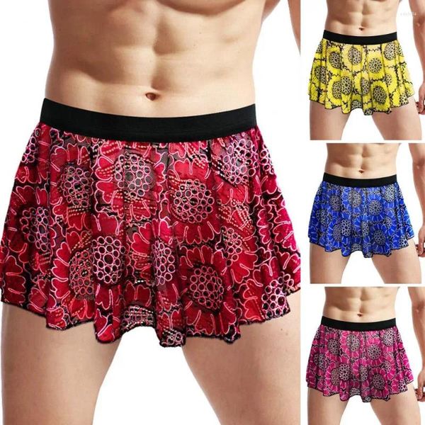 Homens sleepwear unisex mini saia cintura elástica vintage impresso plissado curto macio respirável clubwear calcinha cueca masculina