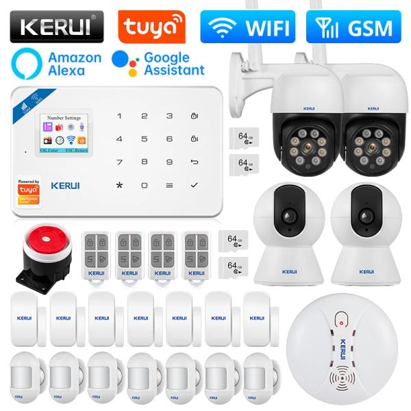 Kits Kerui W181 Sistema de alarme doméstico WIFI GSM Suporte de alarme Alexa Tuya Sensor de movimento inteligente Porta Detector de vazamento de água Sirene Câmera IP
