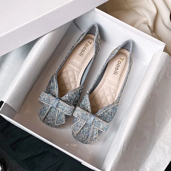 Sapatos elagante senhoras de cristal sapatos planos de cristal de couro raso mocassins mocassins Mulheres Crystal sequenas de balé