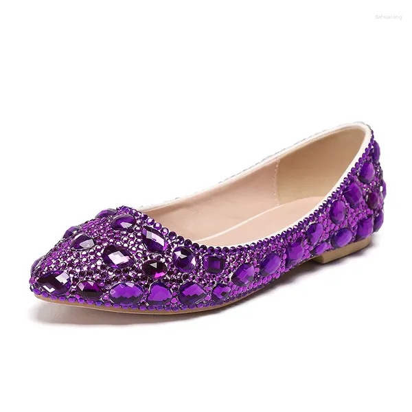 Sapatos casuais Bling Diamond Pointed Toe Flats Roxo Verde Amarelo Cristal Cheio Mocassim Confortável Casamento