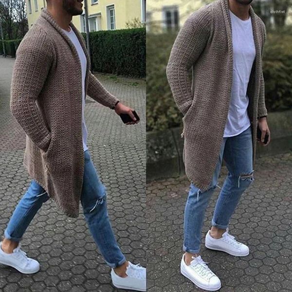 Мужские свитера, модная зимняя одежда, джемпер, кардиган с длинными рукавами, однотонный вязаный свитер средней длины, повседневные мужские топы большого размера