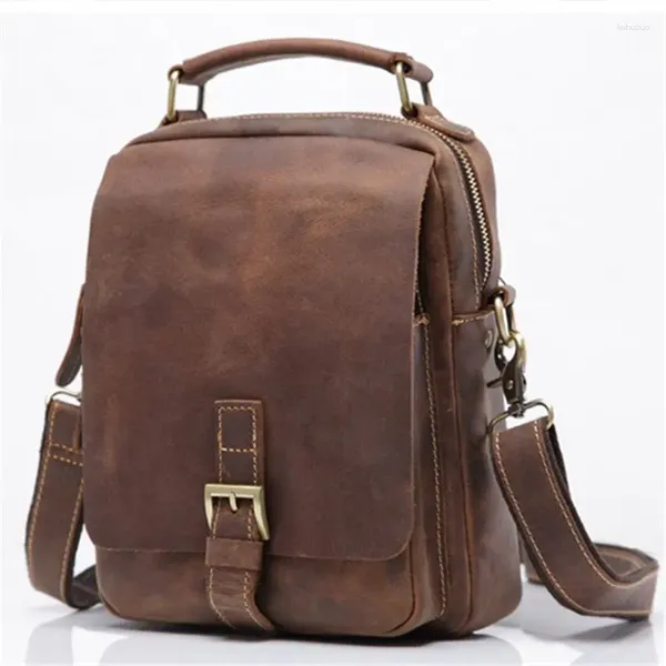 Bag Nesitu hochwertiger Vintage dickes braunes langlebiges echtes Leder kleine Männer Messenger -Taschen Verrückte Pferdete Schulter M5066