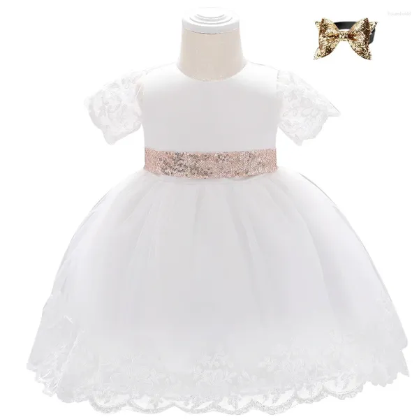 Vestidos da menina 1st vestido de aniversário para meninas do bebê manga curta festa bandana nascido natal branco roupas da criança vestidos de batismo